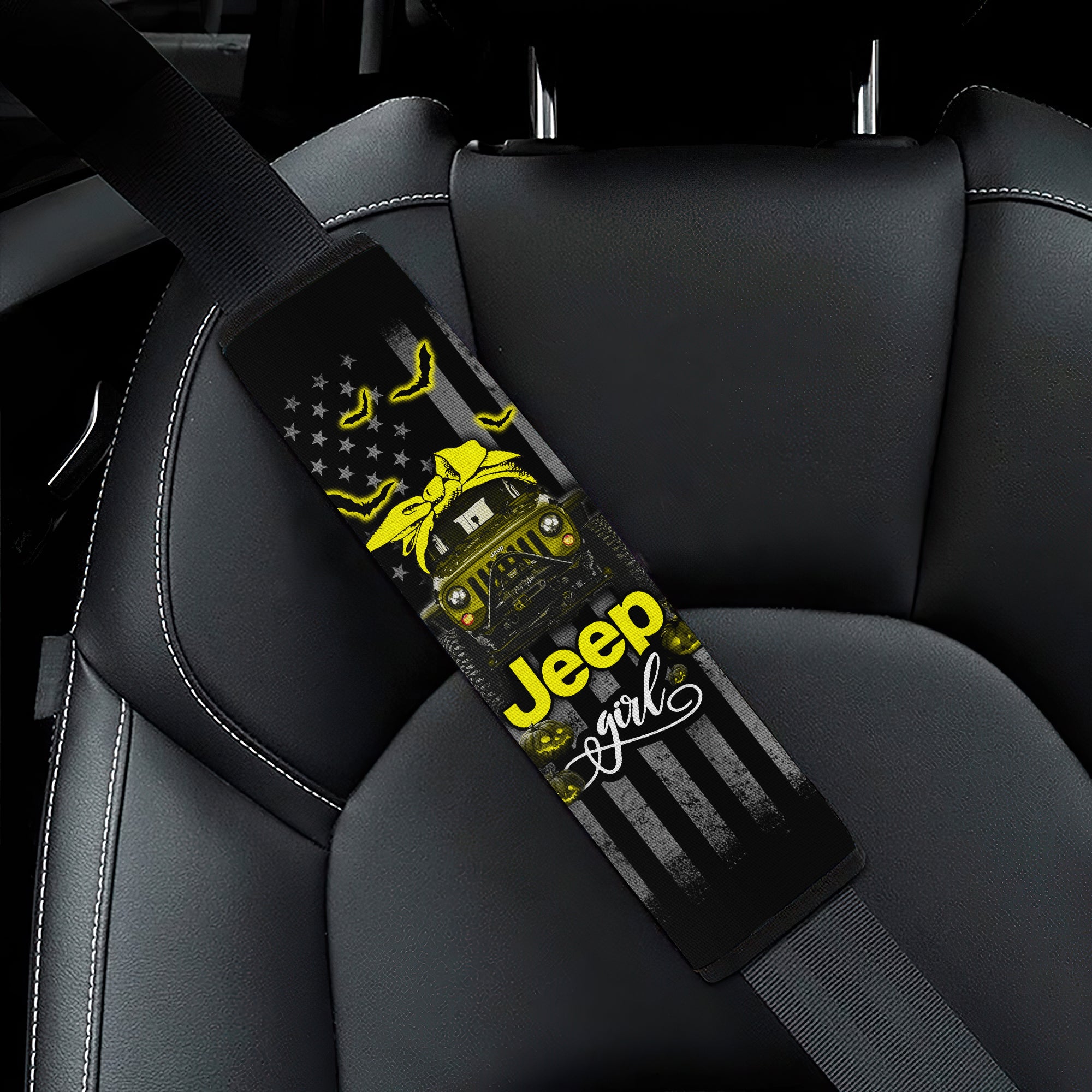 Halloween American Flag Yellow Jeep Girl Car Seat Belt Cover Custom Car Accessories Nearkii