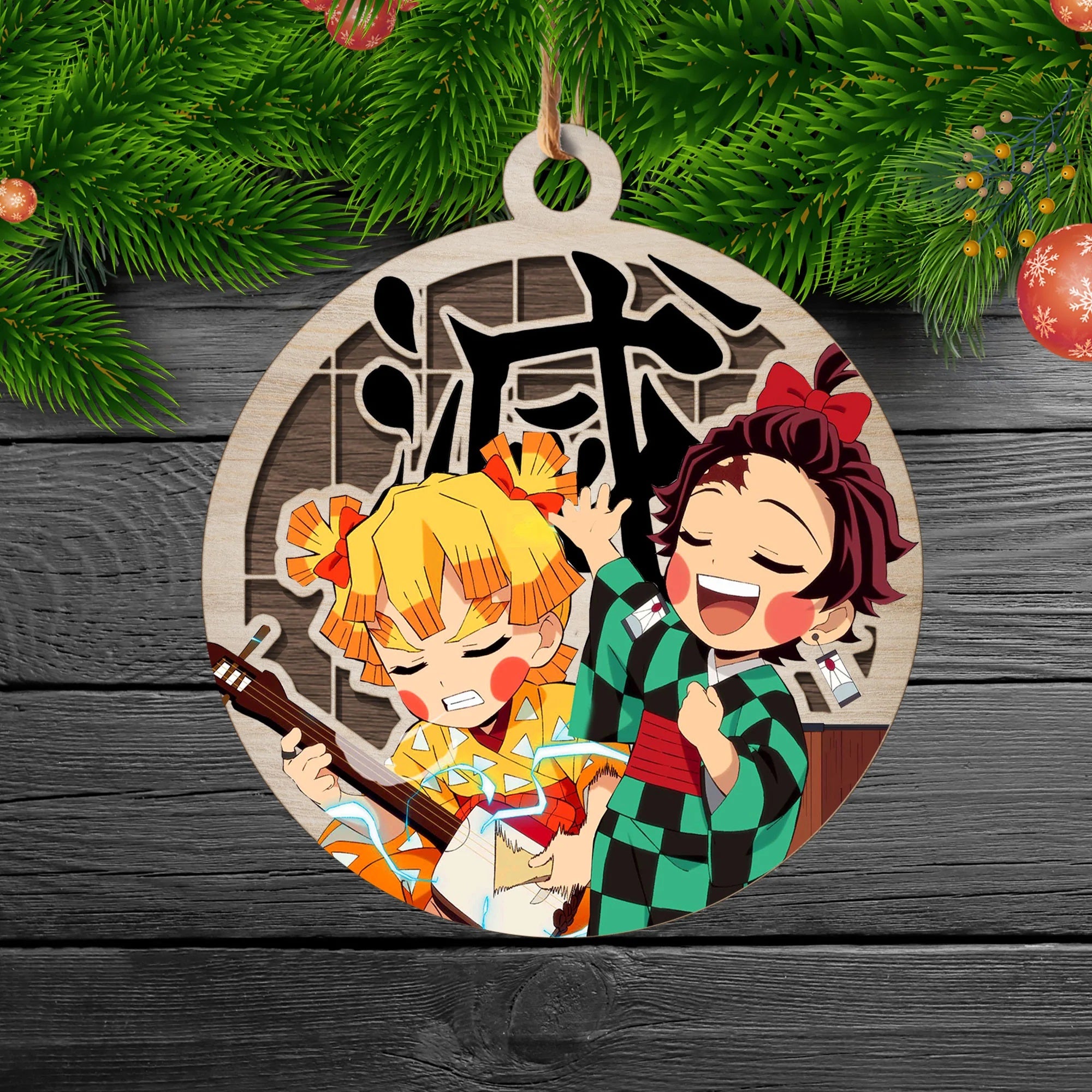 Demon Slayer Zenitsu Agatsuma x Tanjiro Kamado Christmas Double Layered Colored Wood Ornament Nearkii
