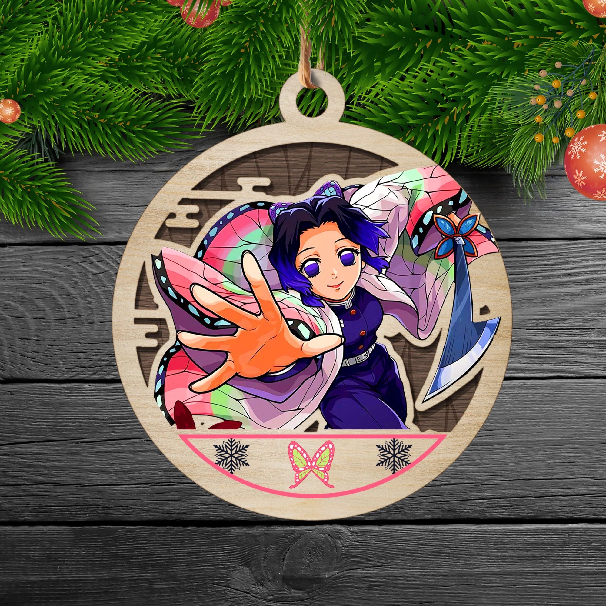 Demon Slayer Shinobu Kocho Christmas Double Layered Colored Wood Ornament Nearkii