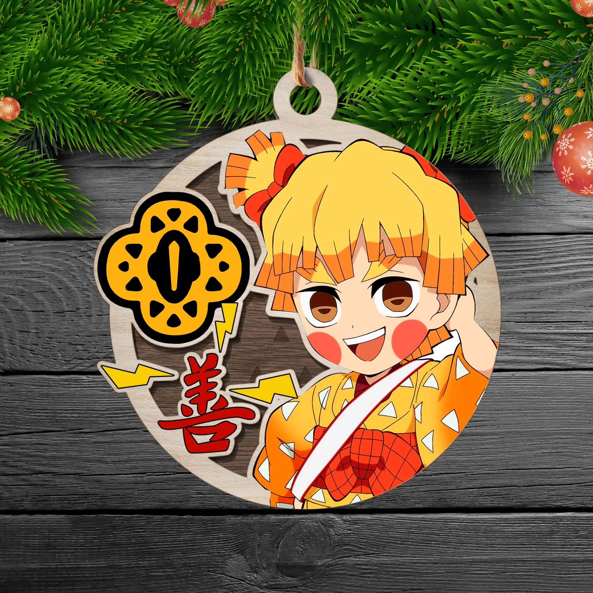 Demon Slayer Zenitsu Agatsuma Christmas Double Layered Colored Wood Ornament Nearkii