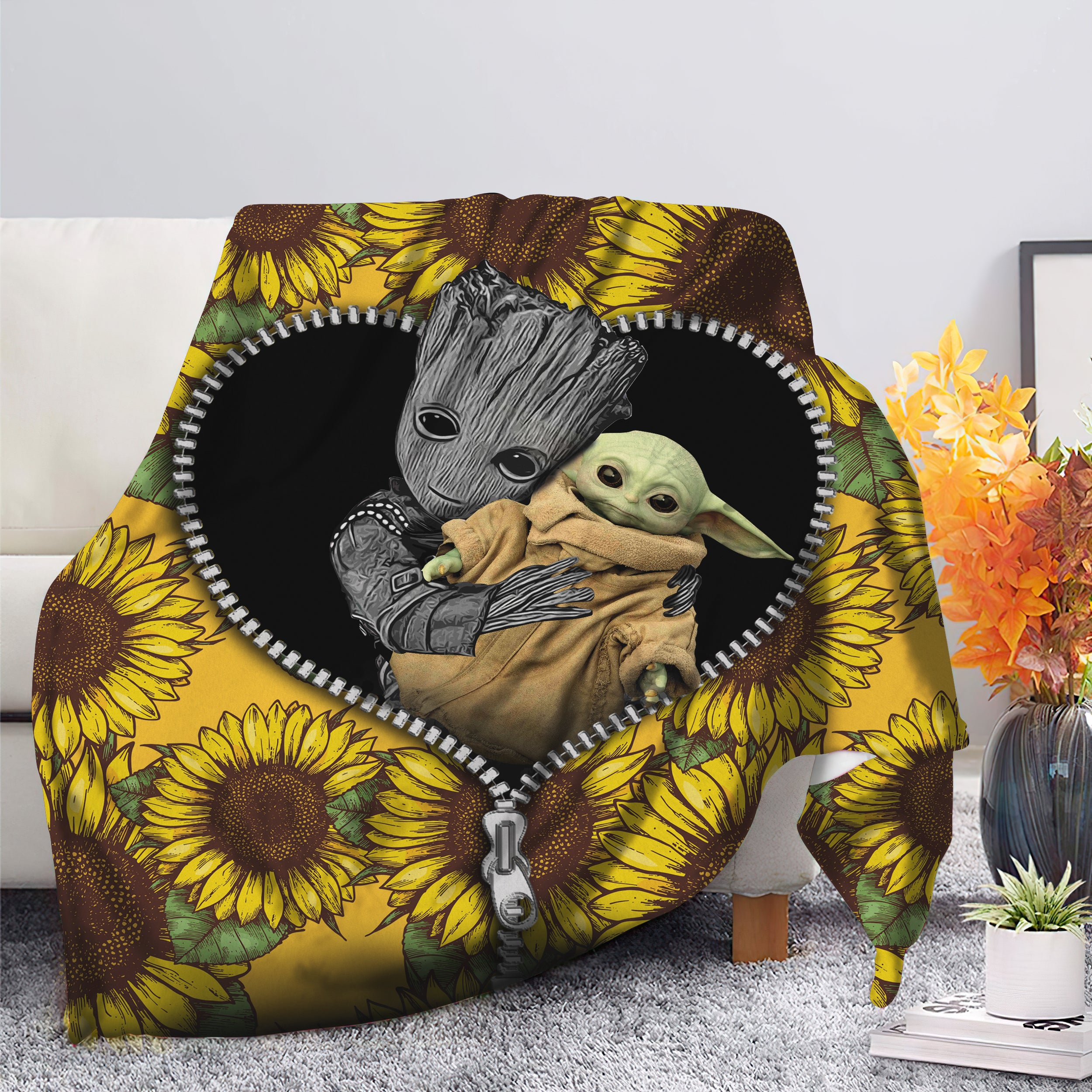 Baby Groot And Baby Yoda Sunflower Zipper Premium Blanket Nearkii