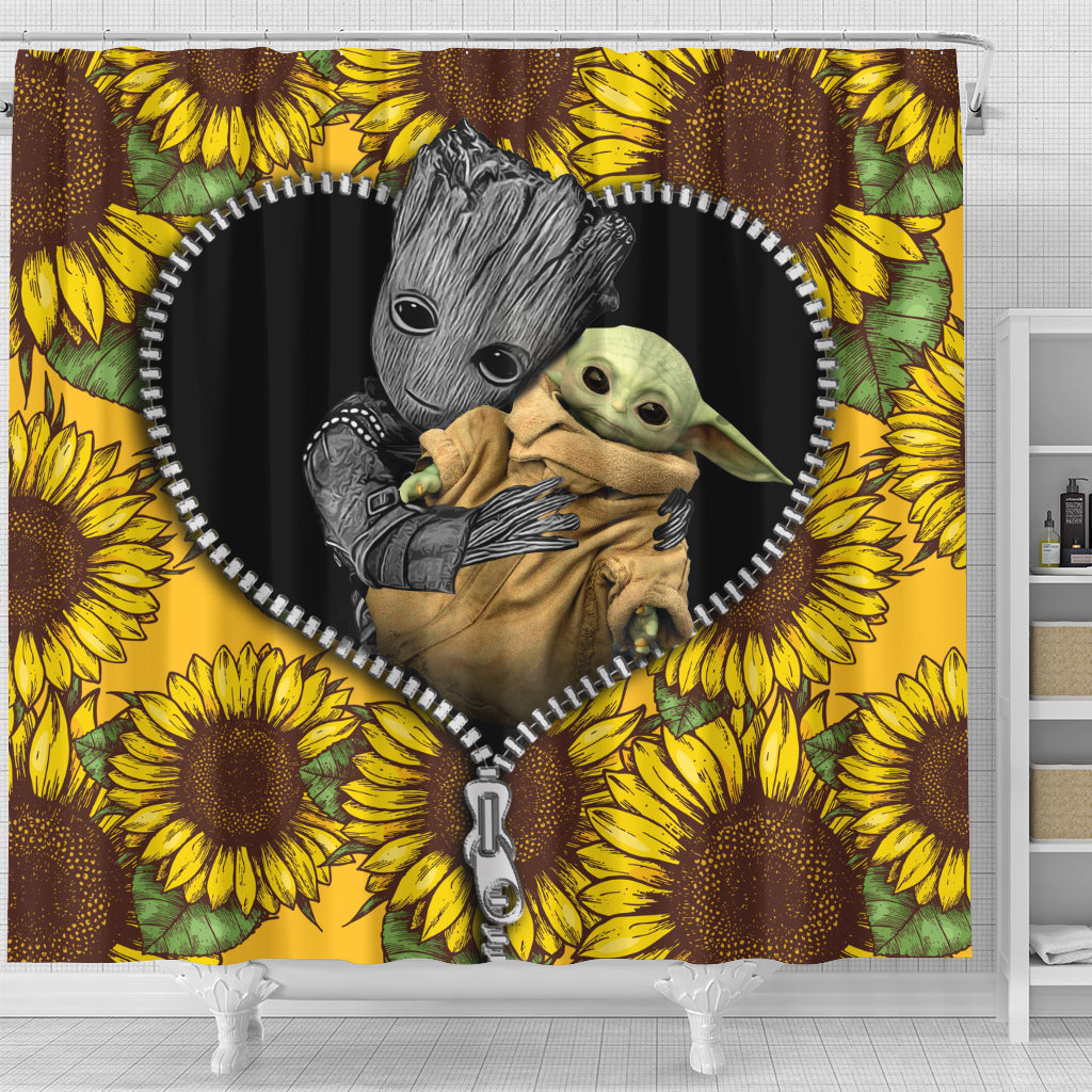 Baby Groot And Baby Yoda Sunflower Zipper Shower Curtain Nearkii
