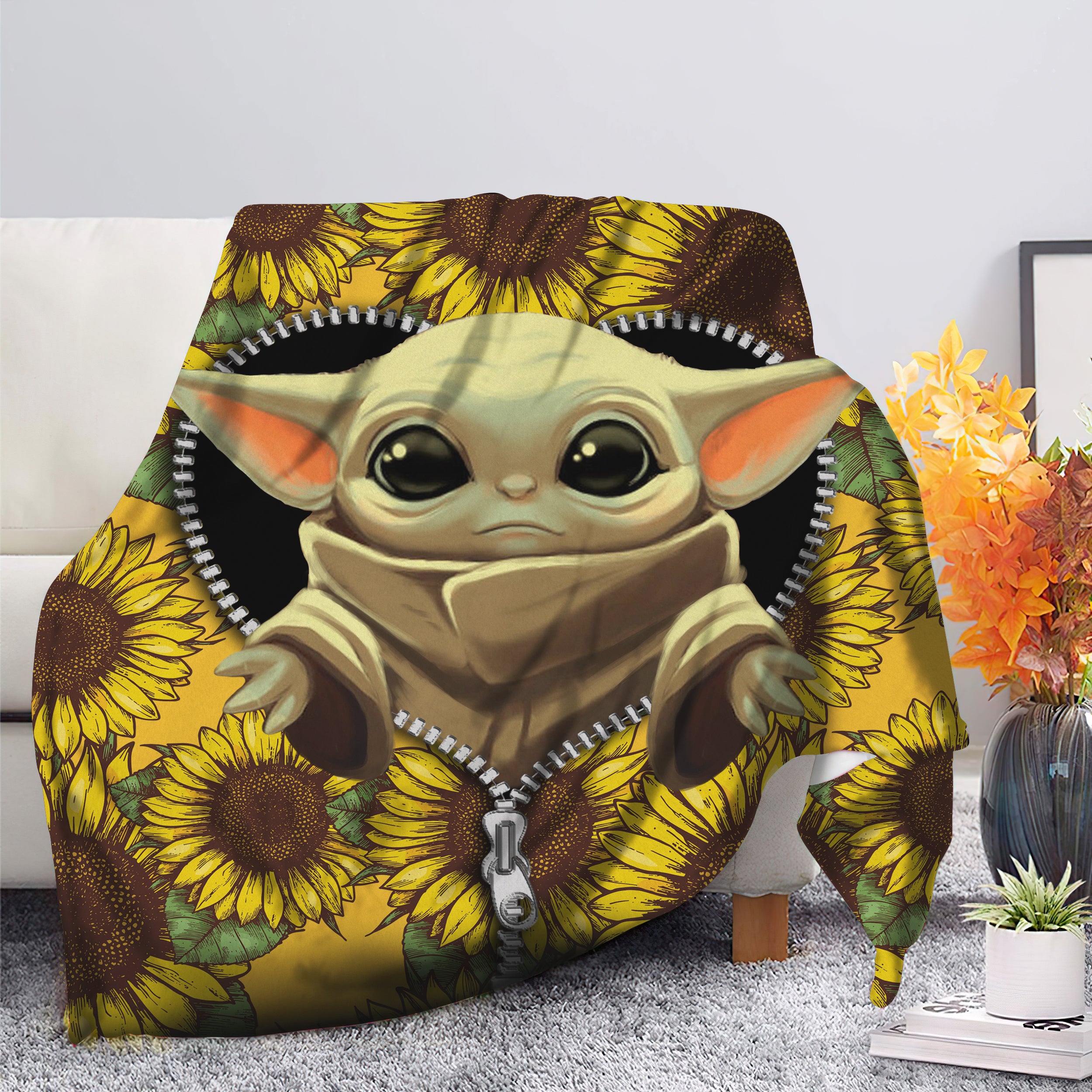 Baby Yoda Sunflower Zipper Premium Blanket Nearkii