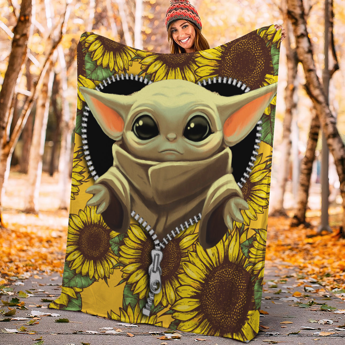 Baby Yoda Sunflower Zipper Premium Blanket Nearkii