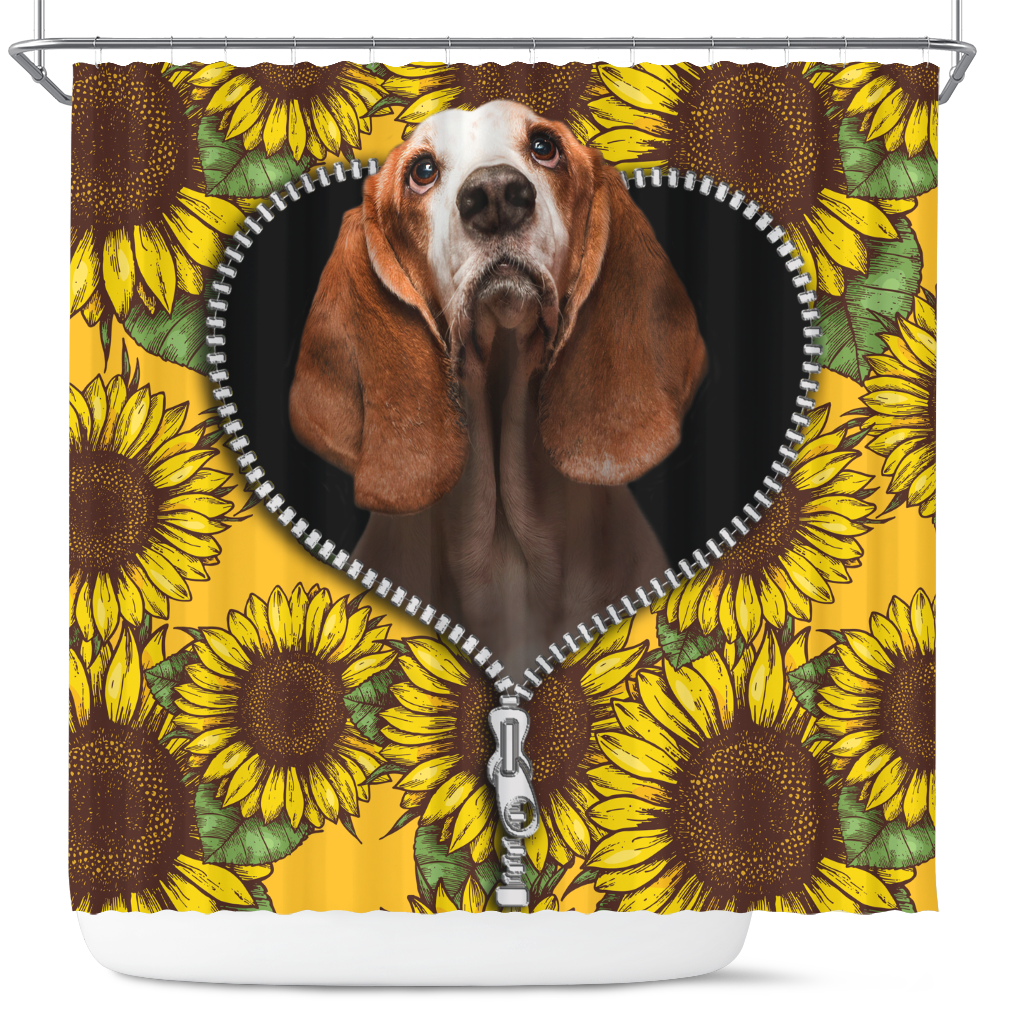 Basset Hound Sunflower Zipper Shower Curtain Nearkii