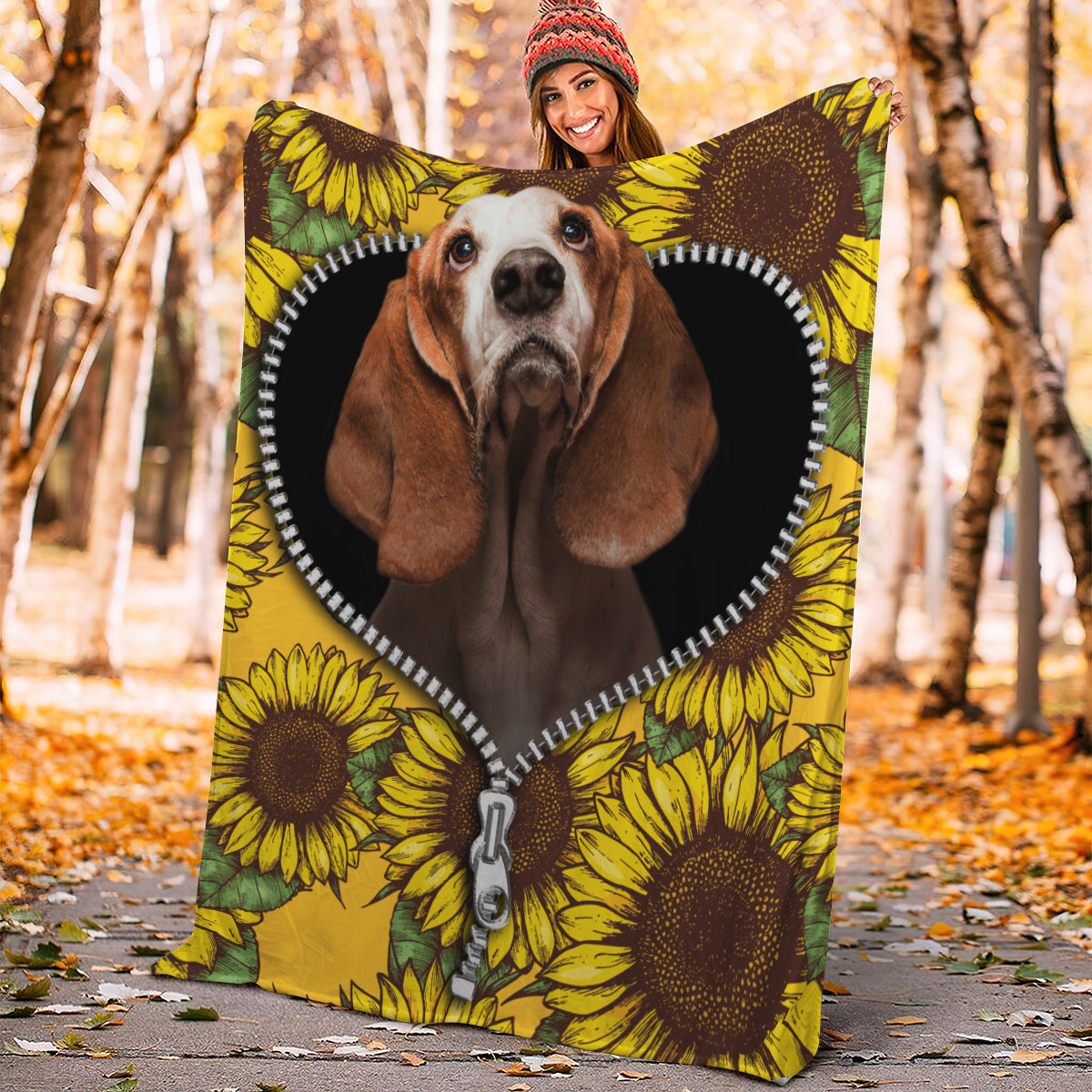 Basset Hound Sunflower Zipper Premium Blanket Nearkii
