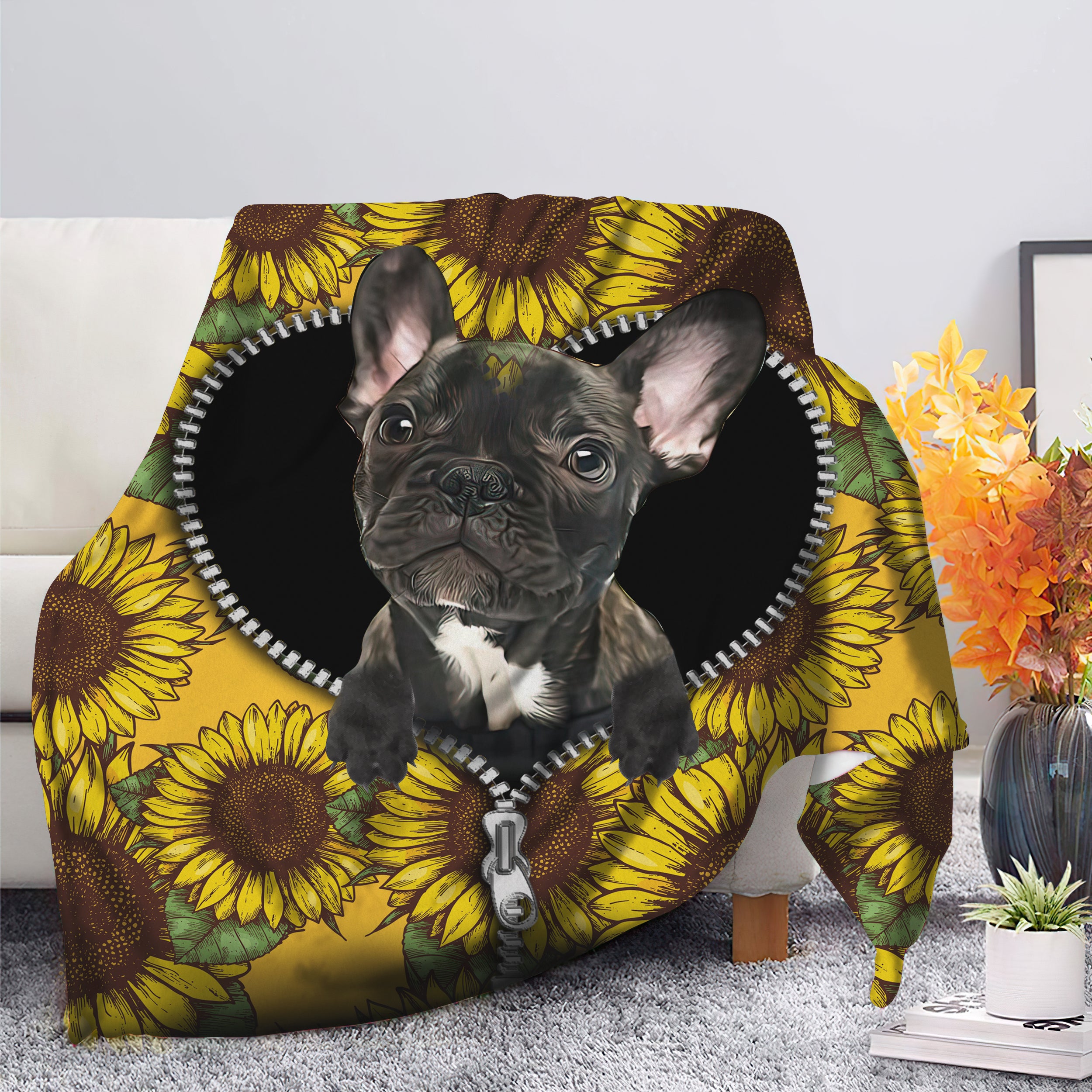 Black French Bulldog Sunflower Zipper Premium Blanket Nearkii