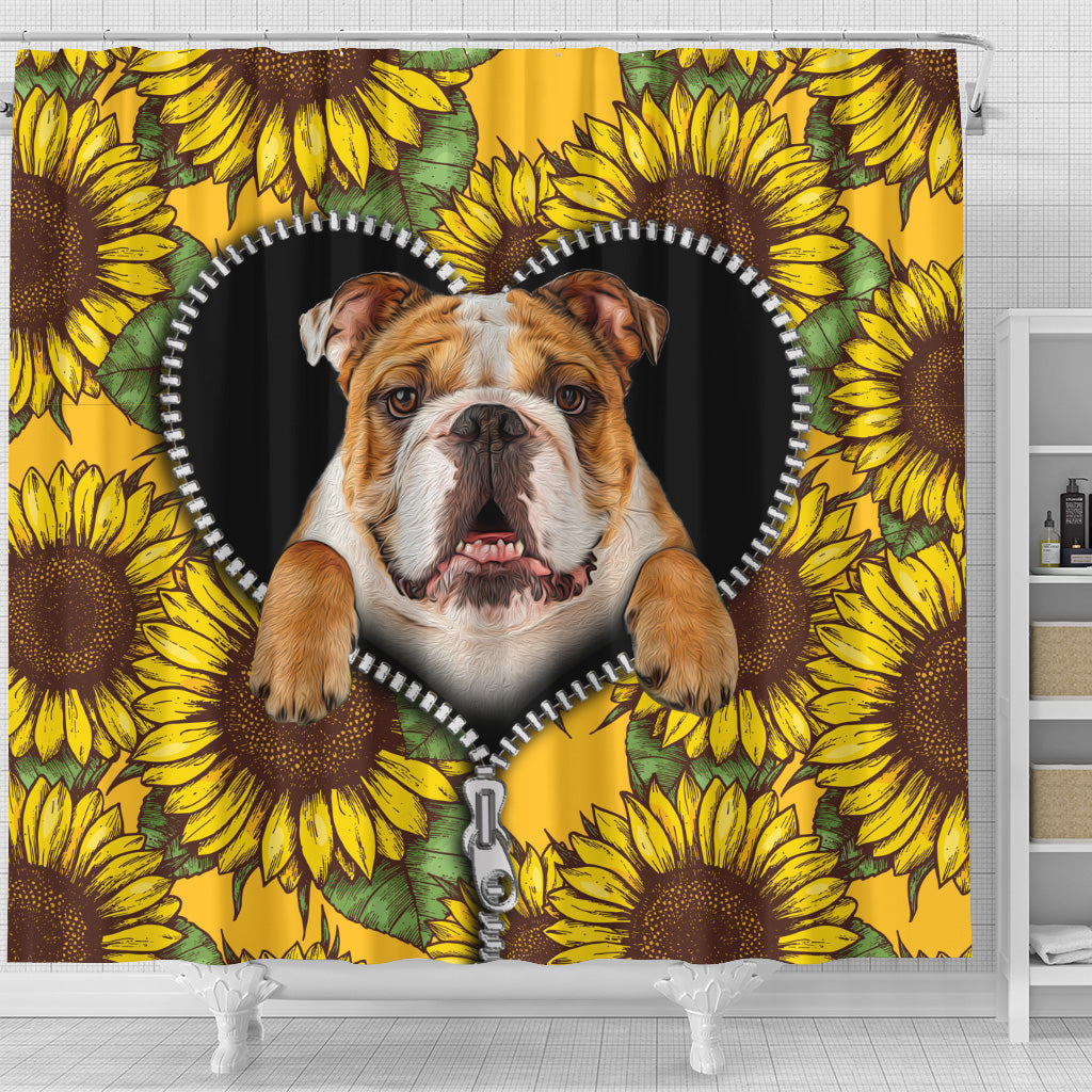 Bull Dog Sunflower Zipper Shower Curtain Nearkii