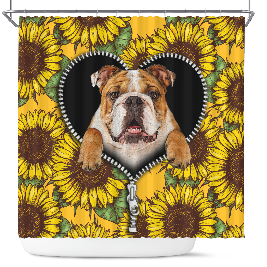 Bull Dog Sunflower Zipper Shower Curtain Nearkii