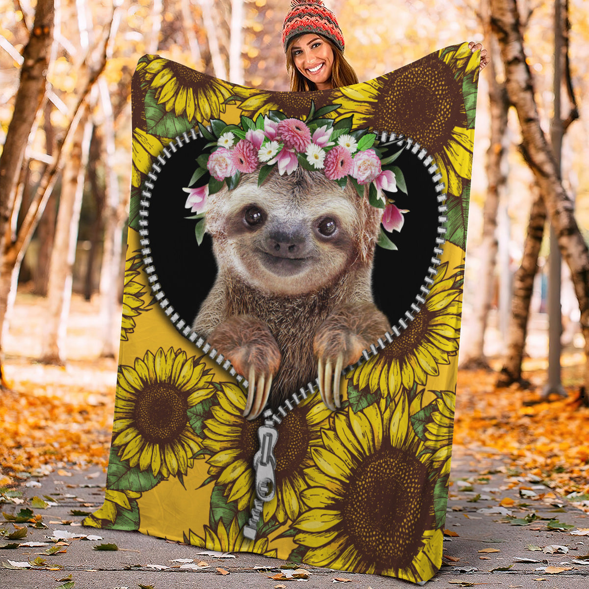 Cute Sloth Sunflower Zipper Premium Blanket Nearkii