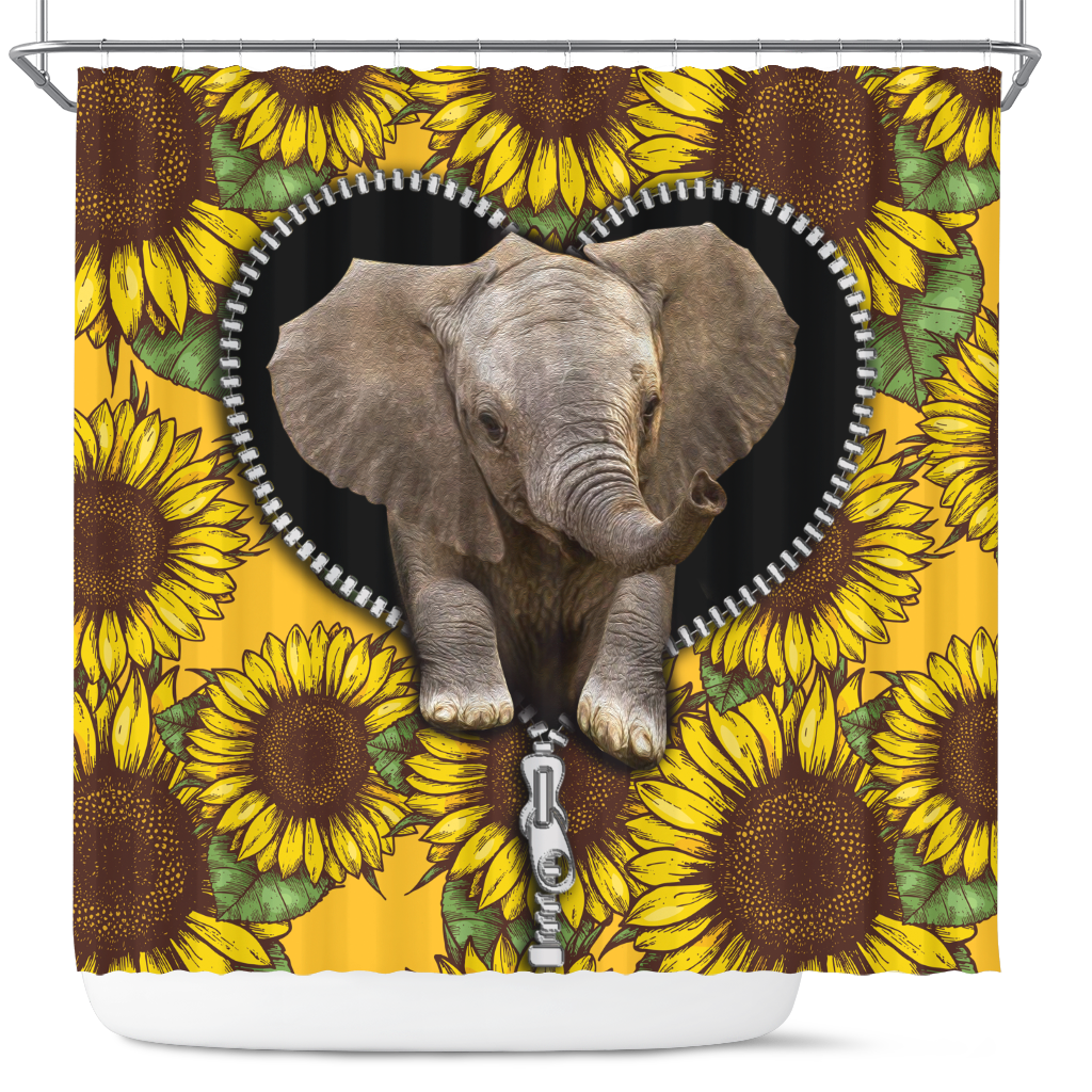 Cute Baby Elephant Sunflower Zipper Shower Curtain Nearkii