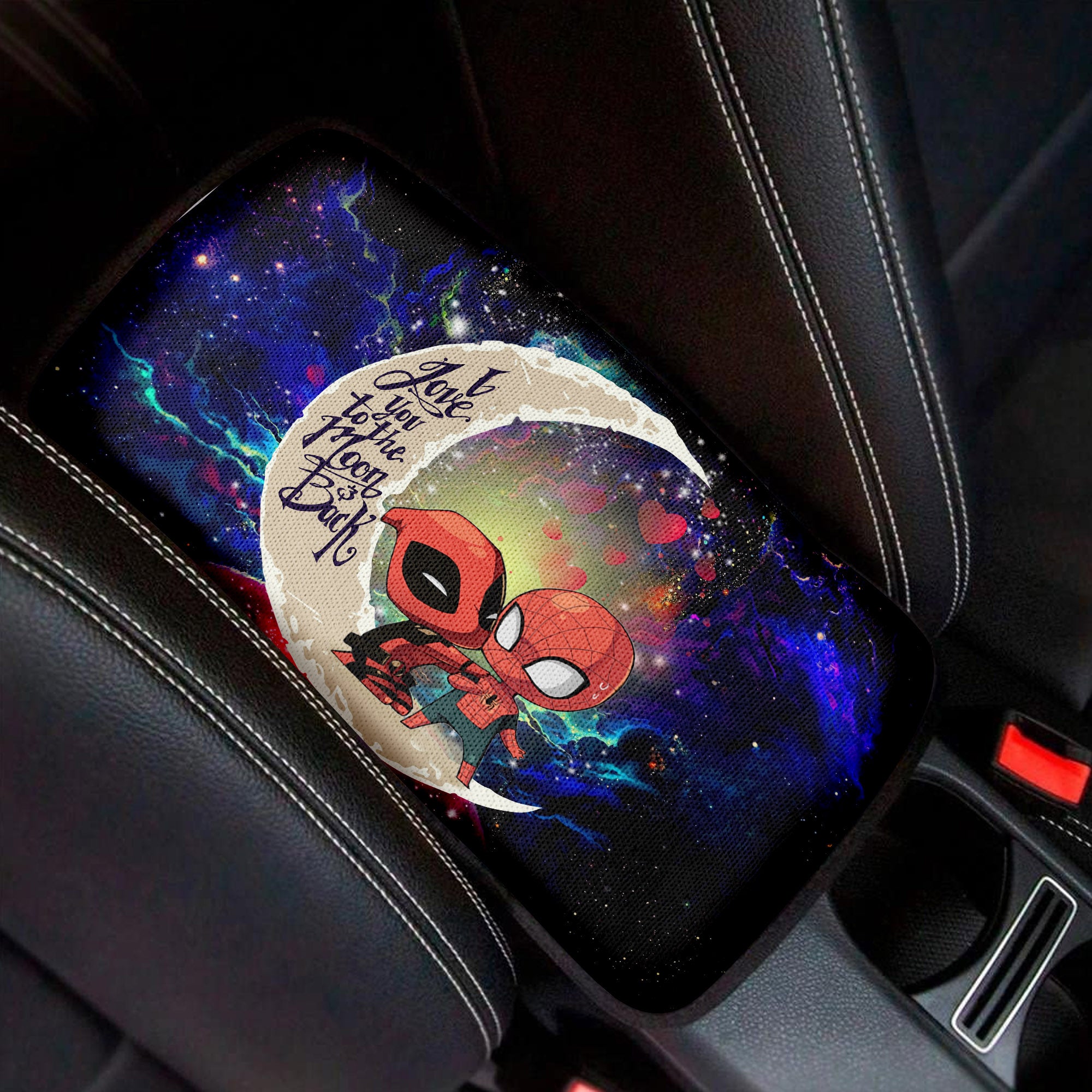 Spiderman And Deadpool Couple Love To Moon Back Galaxy Premium Custom Armrest Center Console Cover Car Accessories Nearkii