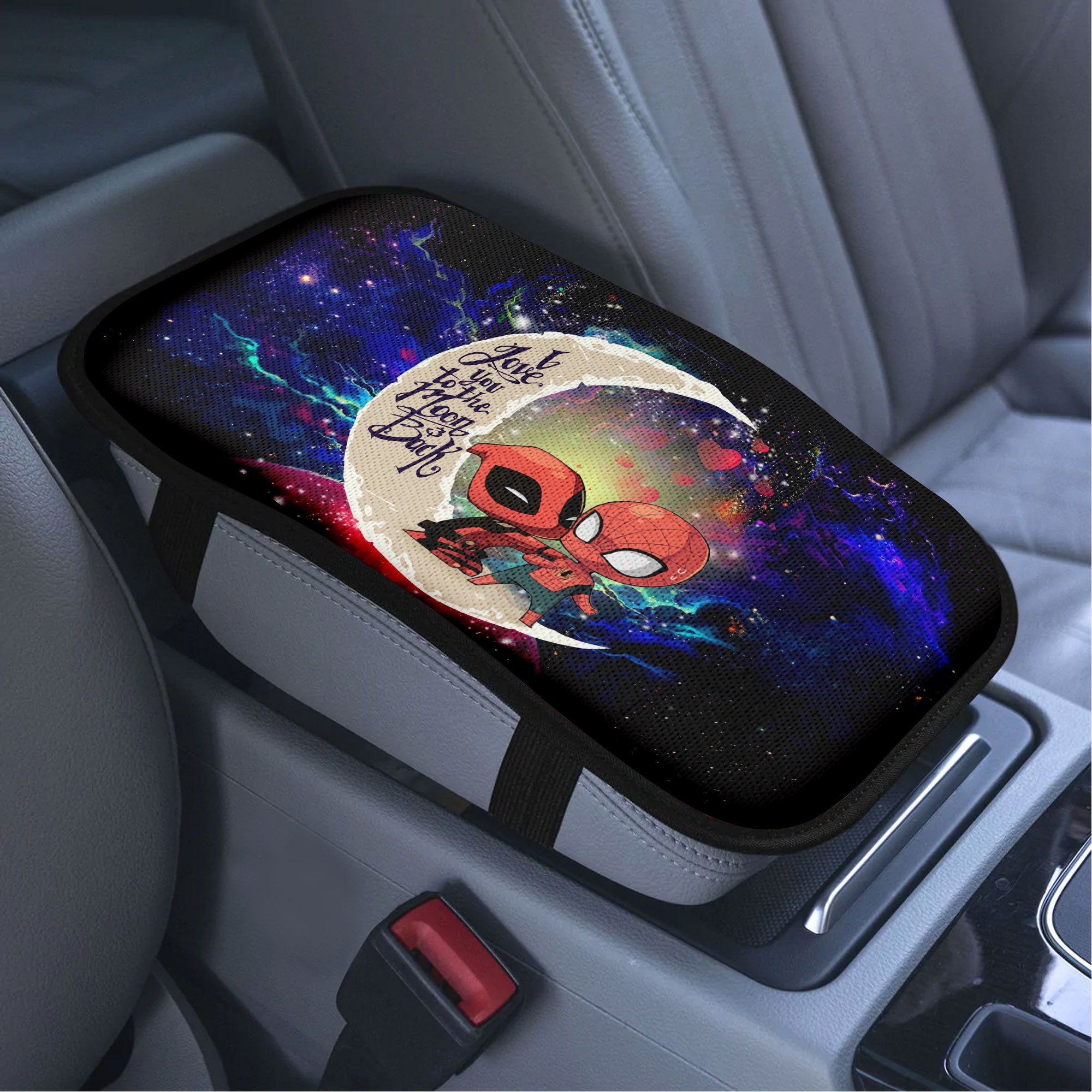 Spiderman And Deadpool Couple Love To Moon Back Galaxy Premium Custom Armrest Center Console Cover Car Accessories Nearkii