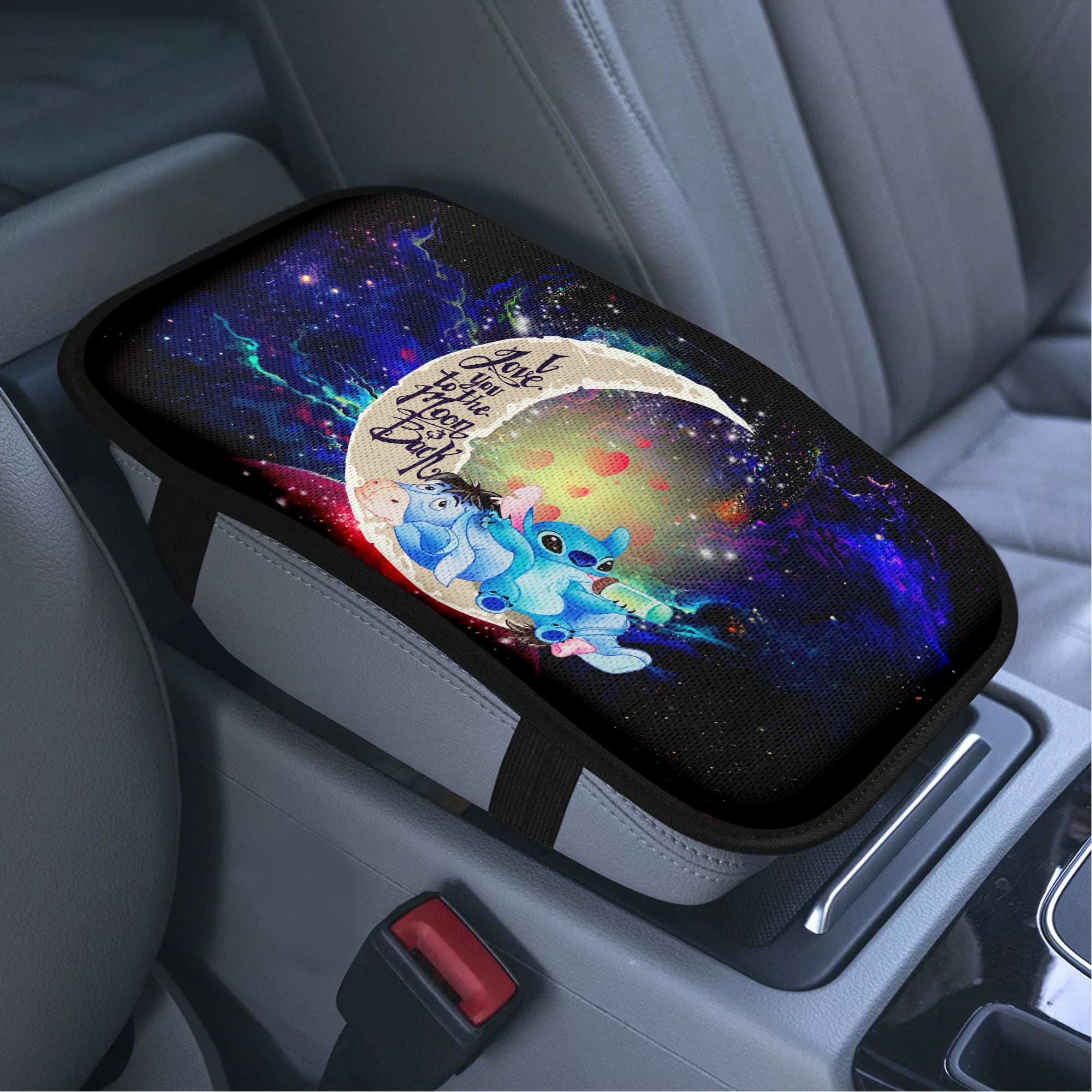 Stitch And Eeyore Couple Love To Moon Back Galaxy Premium Custom Armrest Center Console Cover Car Accessories Nearkii