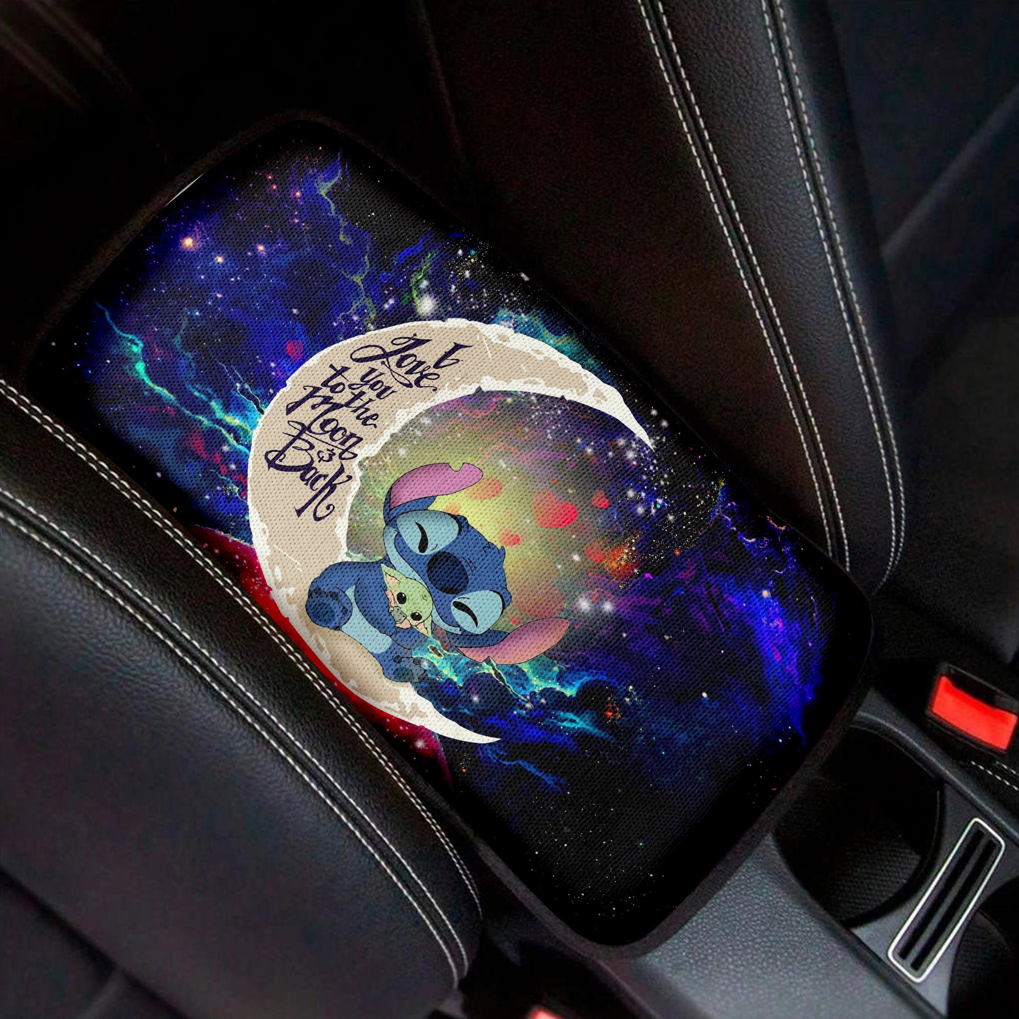 Stitch Hold Baby Yoda Love To Moon Back Galaxy Premium Custom Armrest Center Console Cover Car Accessories Nearkii