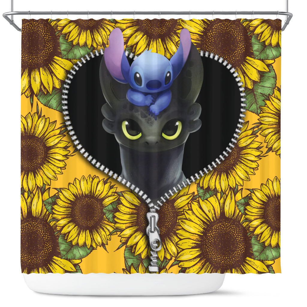Toothless And Stitch Sunflower Zipper Shower Curtain Nearkii