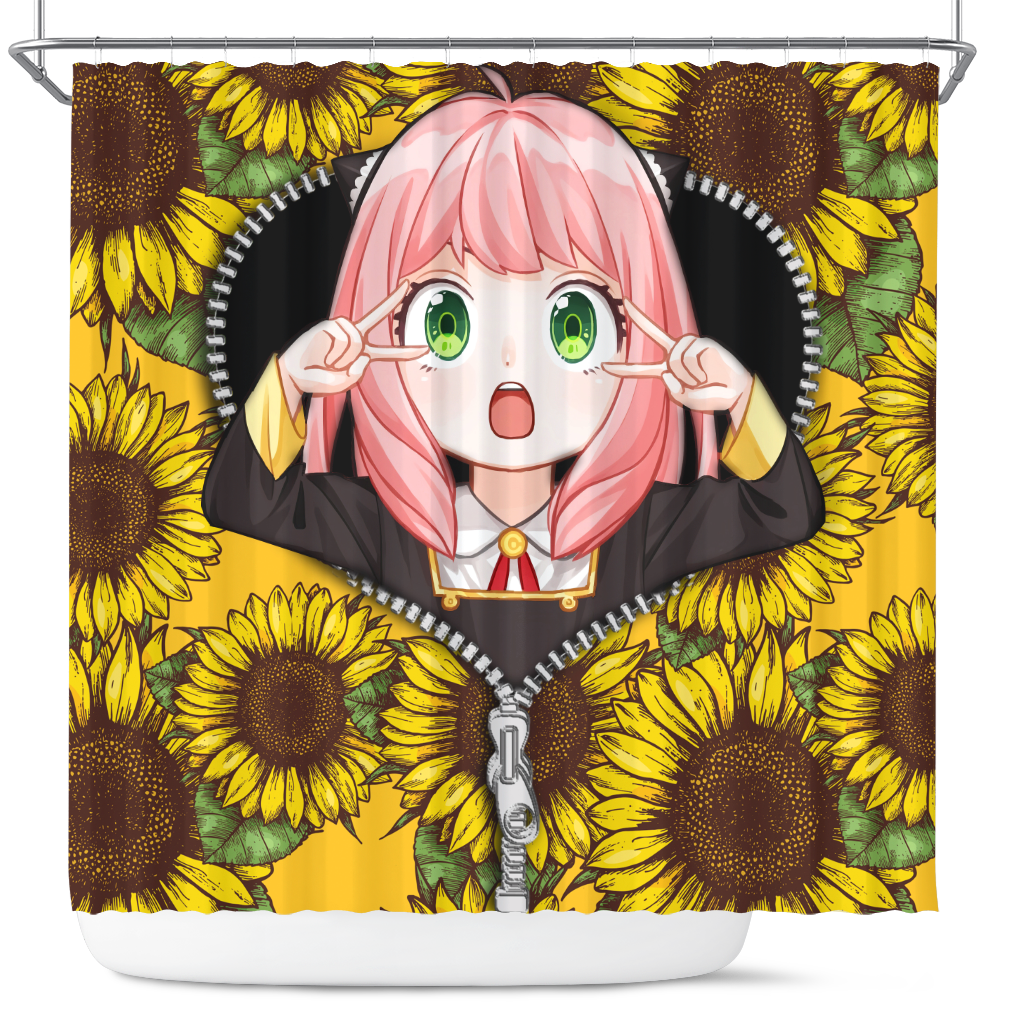 Anya Spy X Family Sunflower Zipper Anime Shower Curtain Nearkii