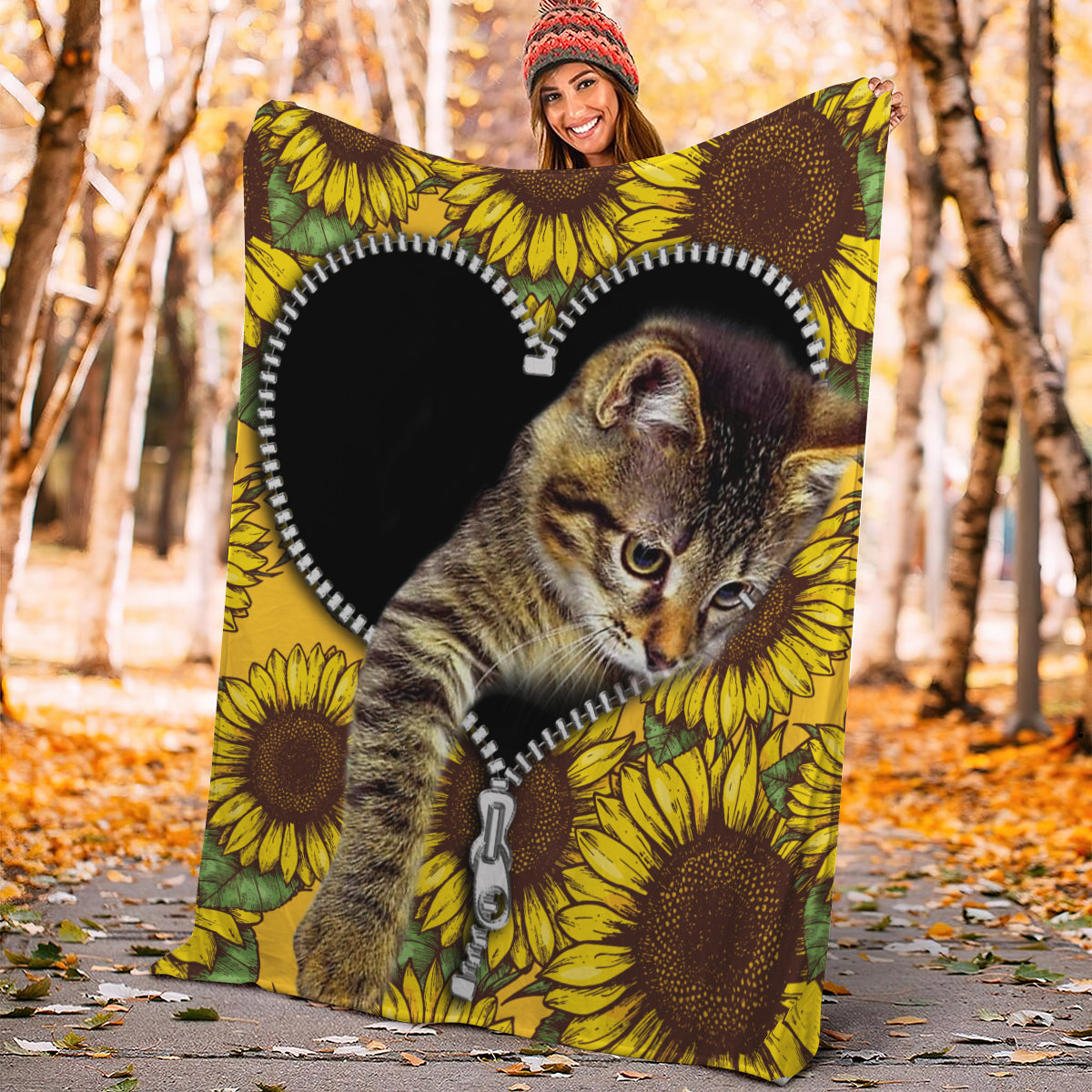 Cute Cat Sunflower Zipper Premium Blanket Nearkii