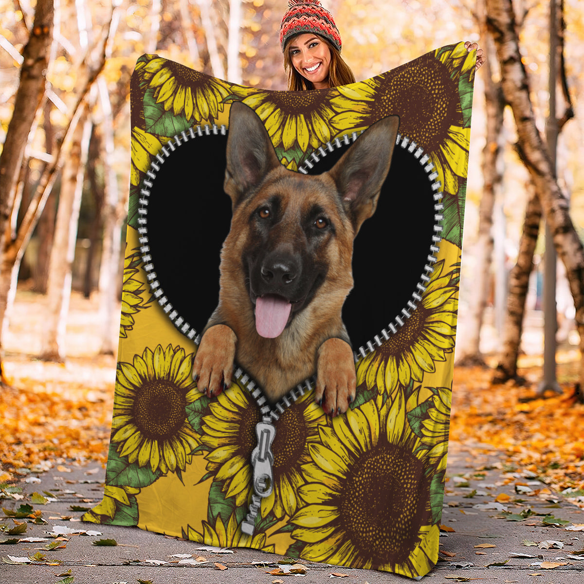 German Shepherd Sunflower Zipper Premium Blanket Nearkii