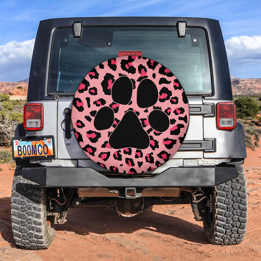 Pink Cute Dog Paw Cheetah Leopard Jaguar Pattern Jeep Car Spare Tire Covers Gift For Campers Nearkii