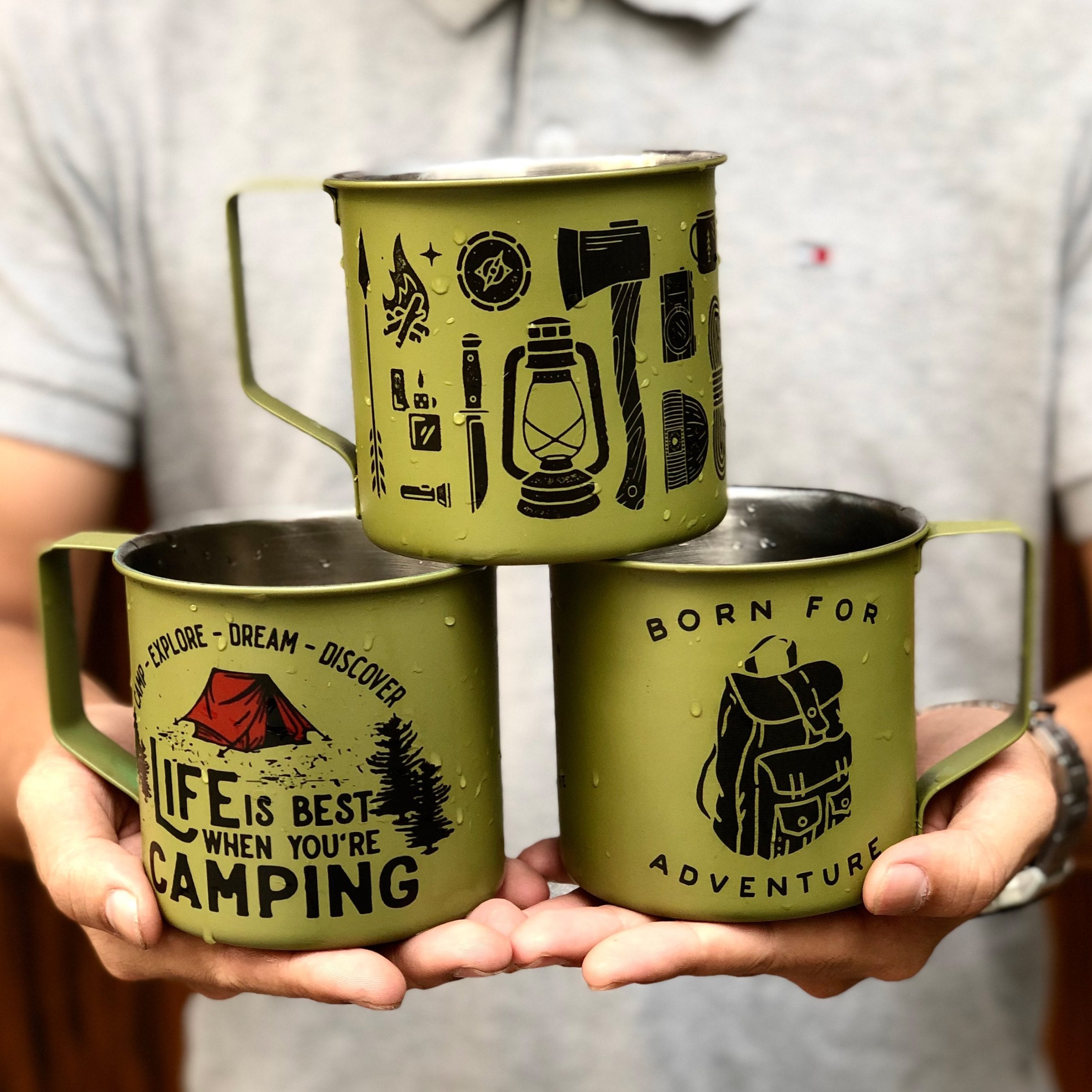 Set 3 Green Best Camping Campfire Travel Mugs 2023 Nearkii