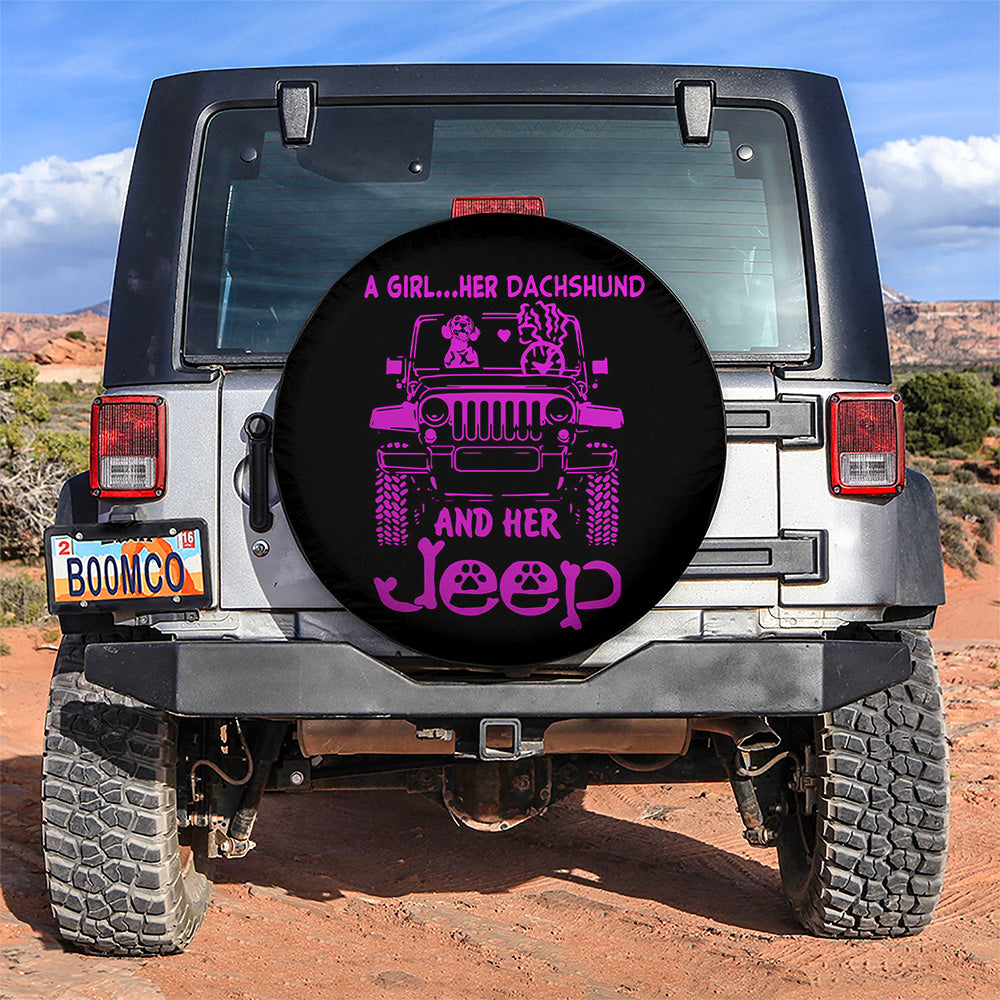 A Girl Her Dachshund And Her Jeep Pink Car Spare Tire Covers Gift For Campers Nearkii