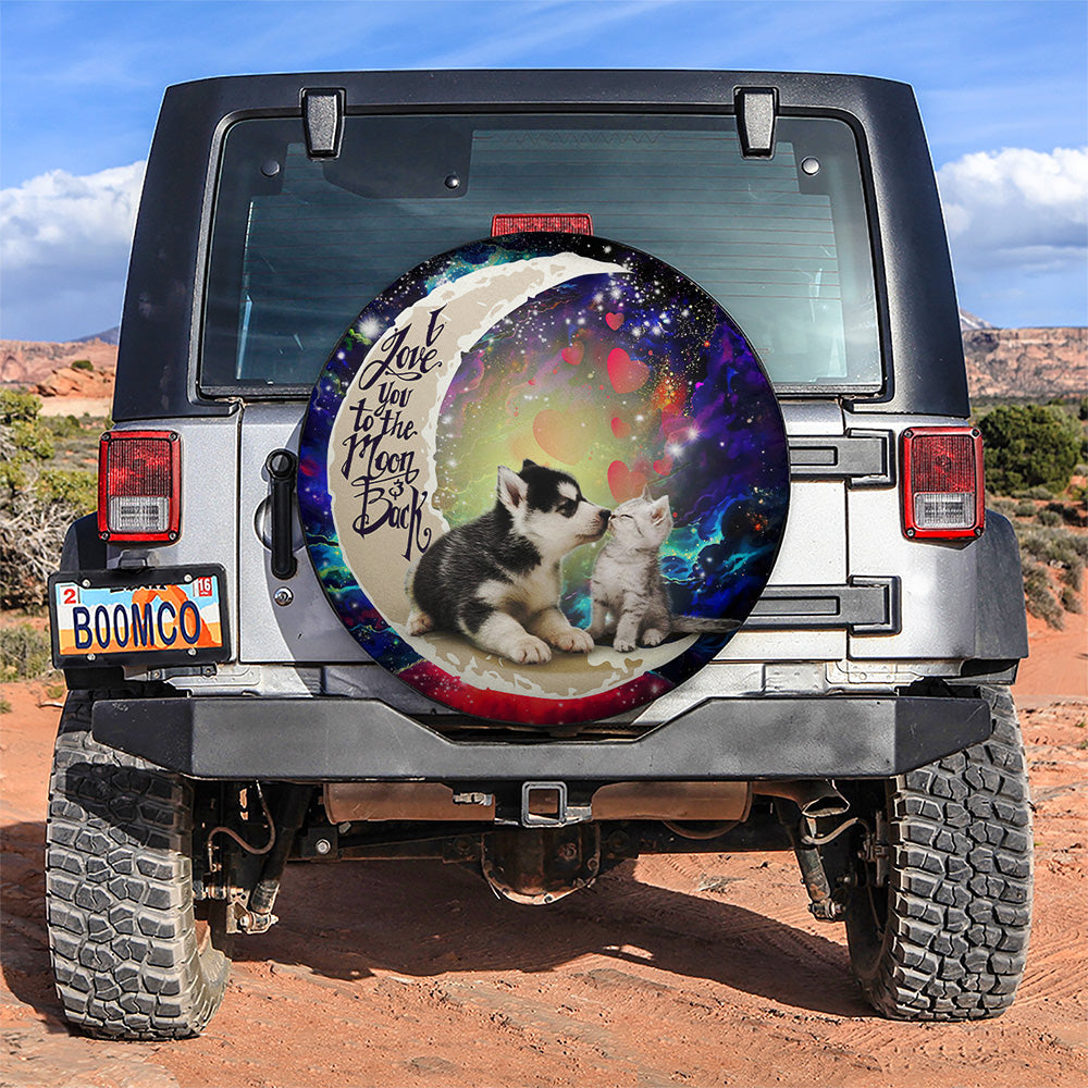 Cute Couple Husky And Cat Love You To The Moon Galaxy Car Spare Tire Covers Gift For Campers Nearkii