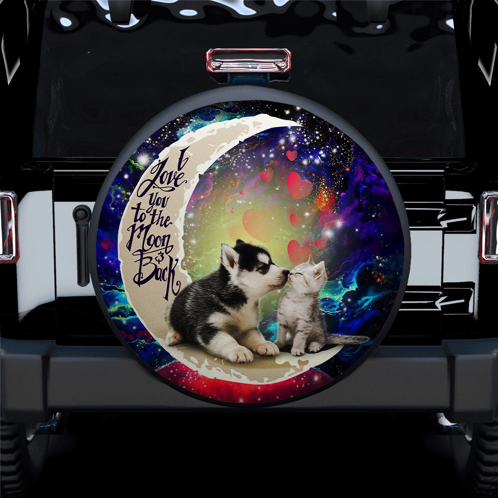 Cute Couple Husky And Cat Love You To The Moon Galaxy Car Spare Tire Covers Gift For Campers Nearkii