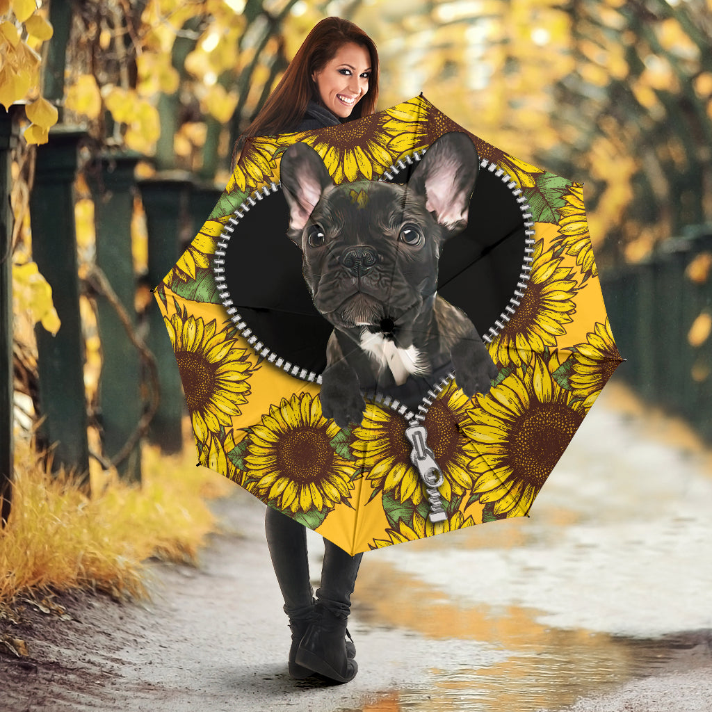 Black French Bulldog Sunflower Zipper Umbrella Nearkii