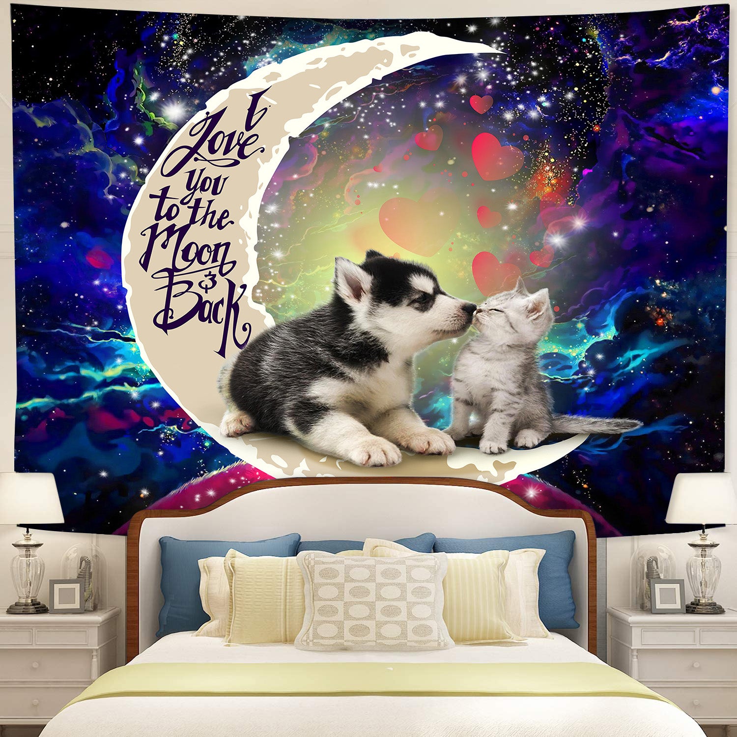 Cute Couple Husky And Cat Love You To The Moon Galaxy Tapestry Room Decor Nearkii