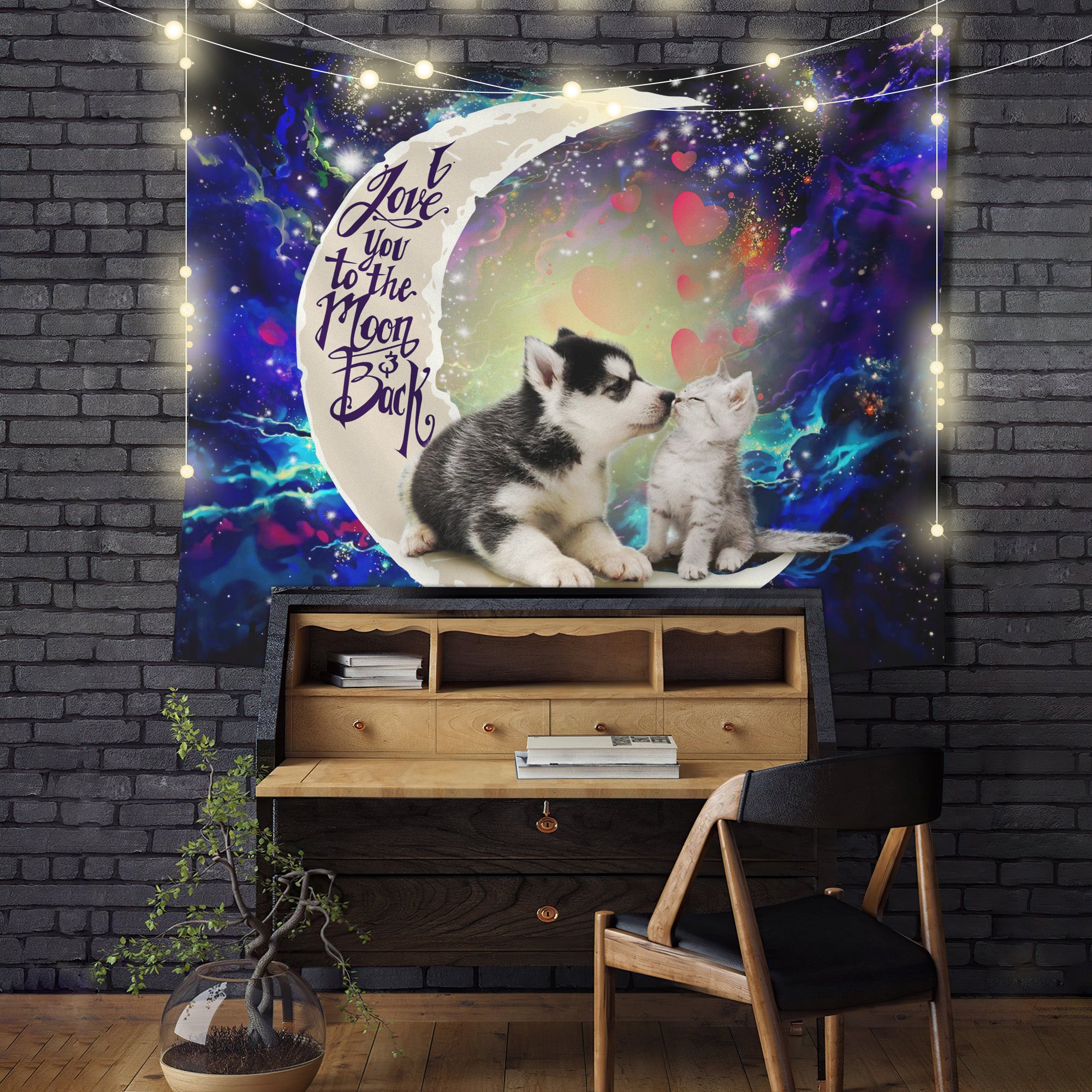 Cute Couple Husky And Cat Love You To The Moon Galaxy Tapestry Room Decor Nearkii