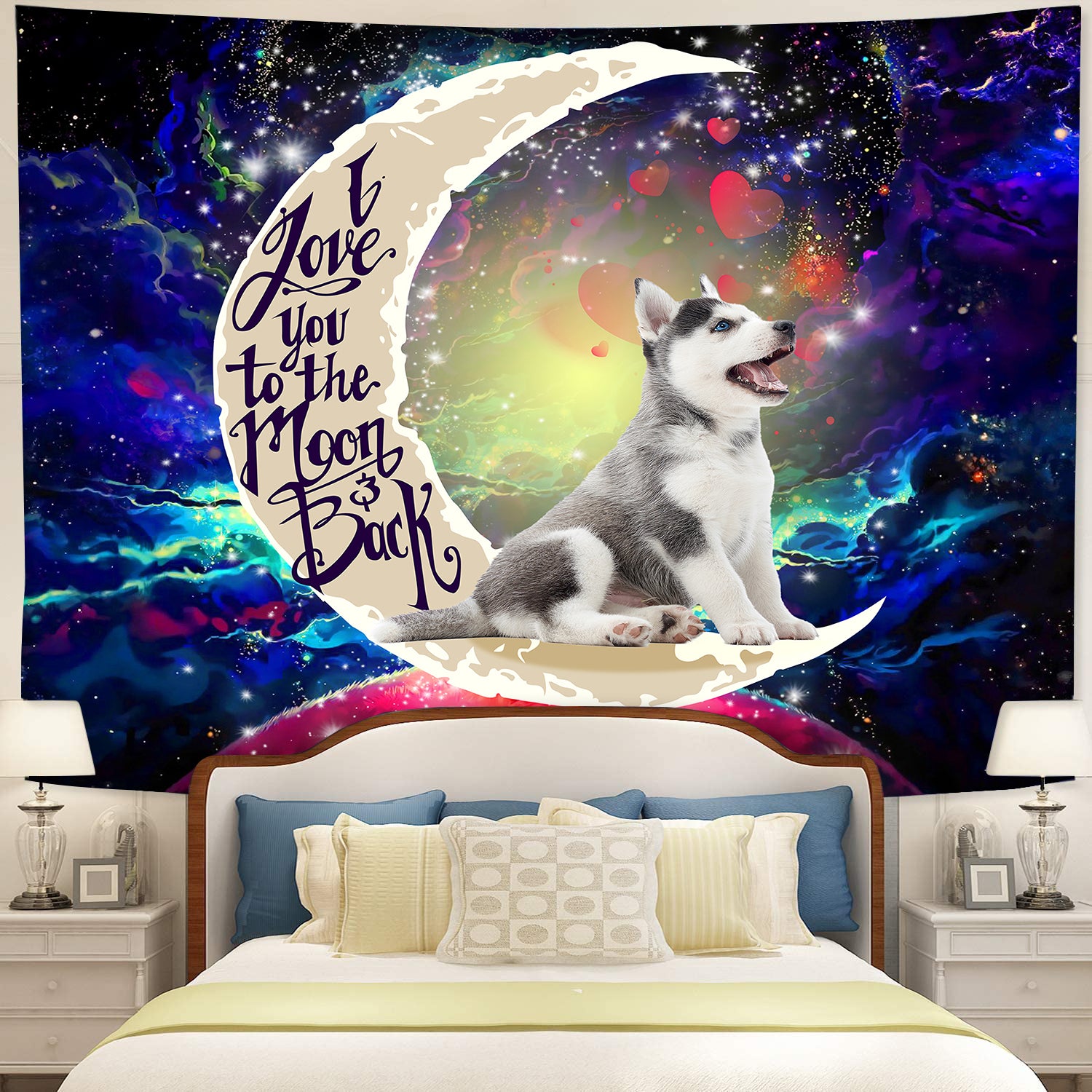 Cute Husky Love You To The Moon Galaxy Tapestry Room Decor Nearkii