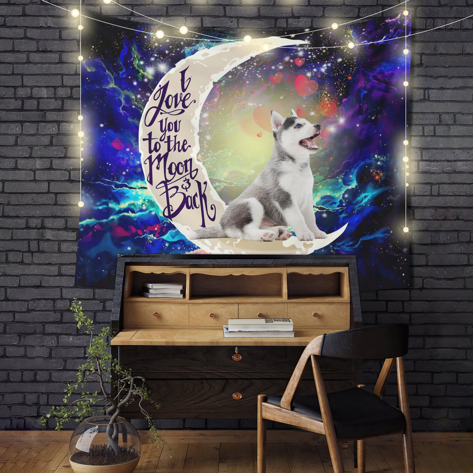 Cute Husky Love You To The Moon Galaxy Tapestry Room Decor Nearkii