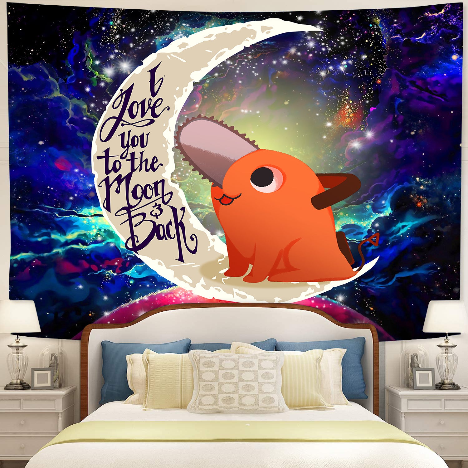 Dog Chainsaw Man Love You To The Moon Galaxy Tapestry Room Decor Nearkii