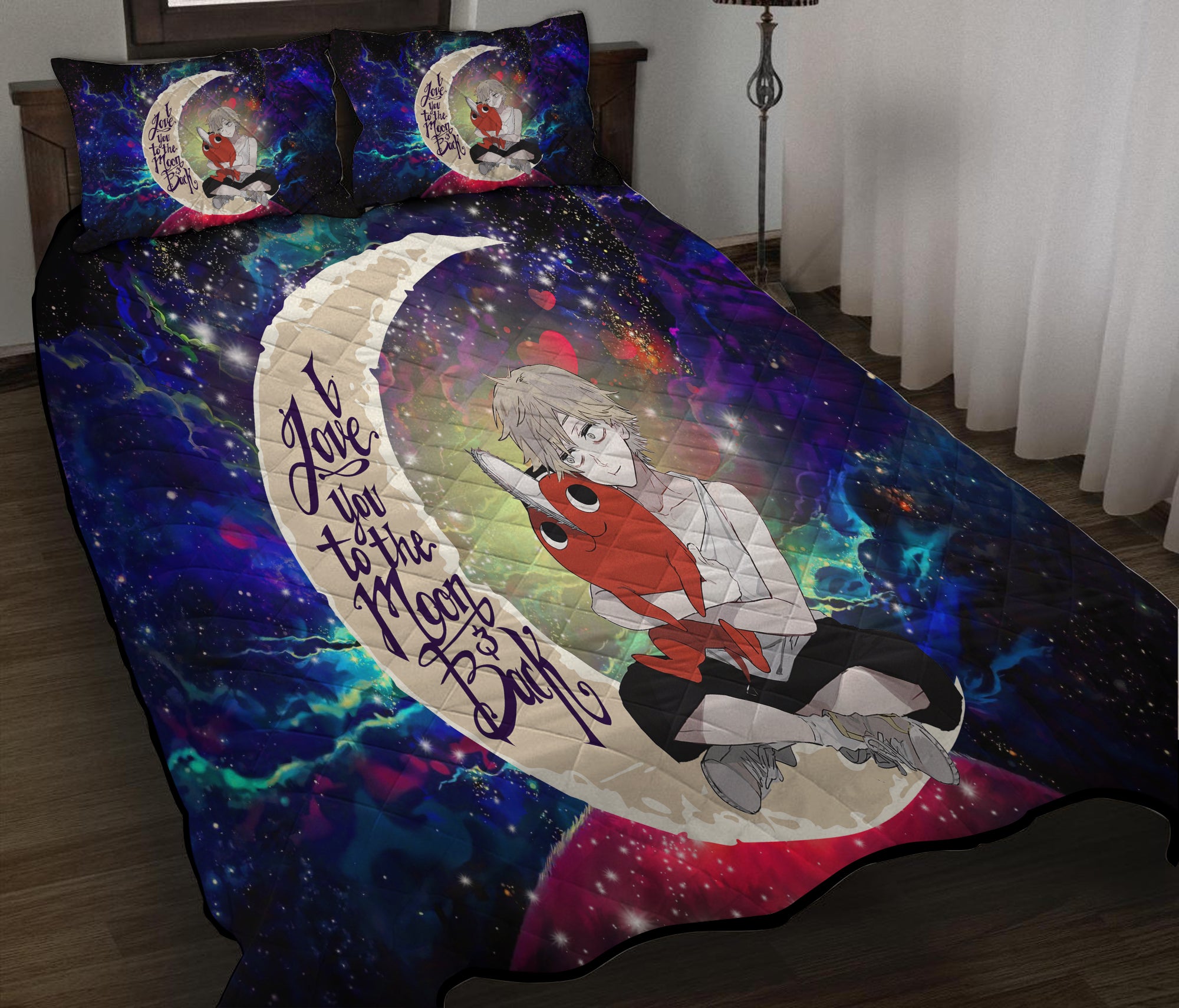 Chainsaw Man Love You To The Moon Galaxy Quilt Bed Sets Nearkii