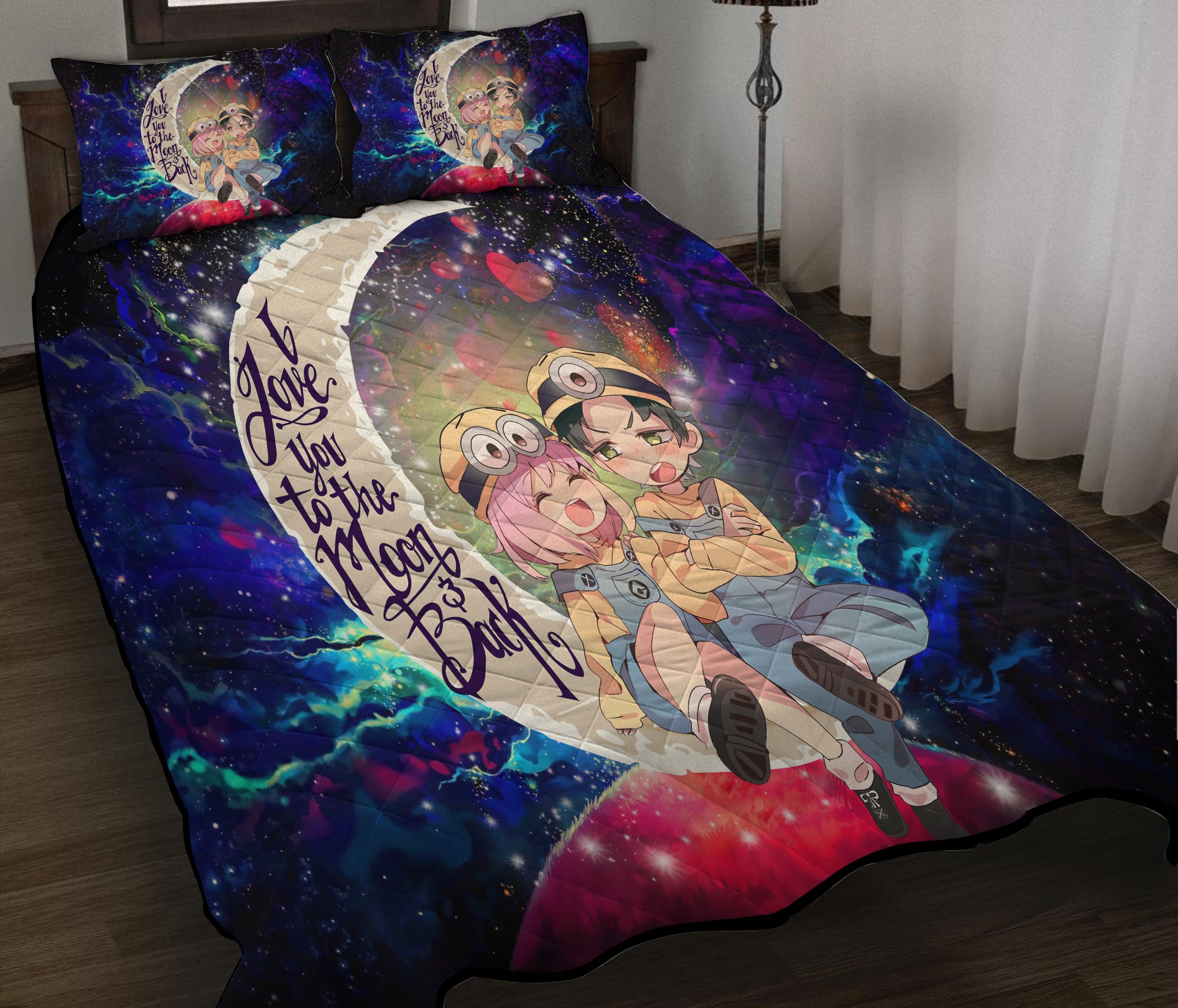 Anya x Damian Anime Couple Love You To The Moon Galaxy Quilt Bed Sets Nearkii