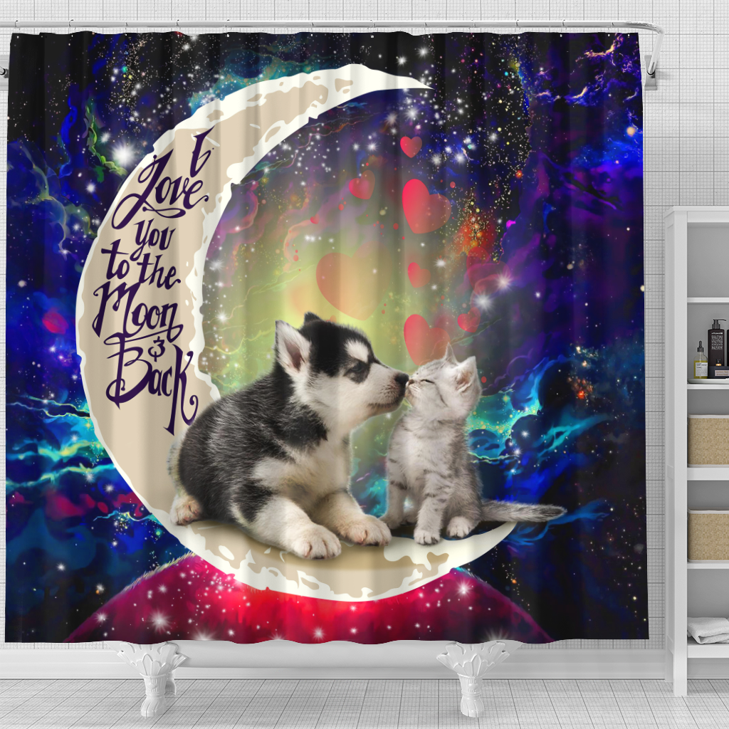 Cute Couple Husky And Cat Love You To The Moon Galaxy Shower Curtain Nearkii