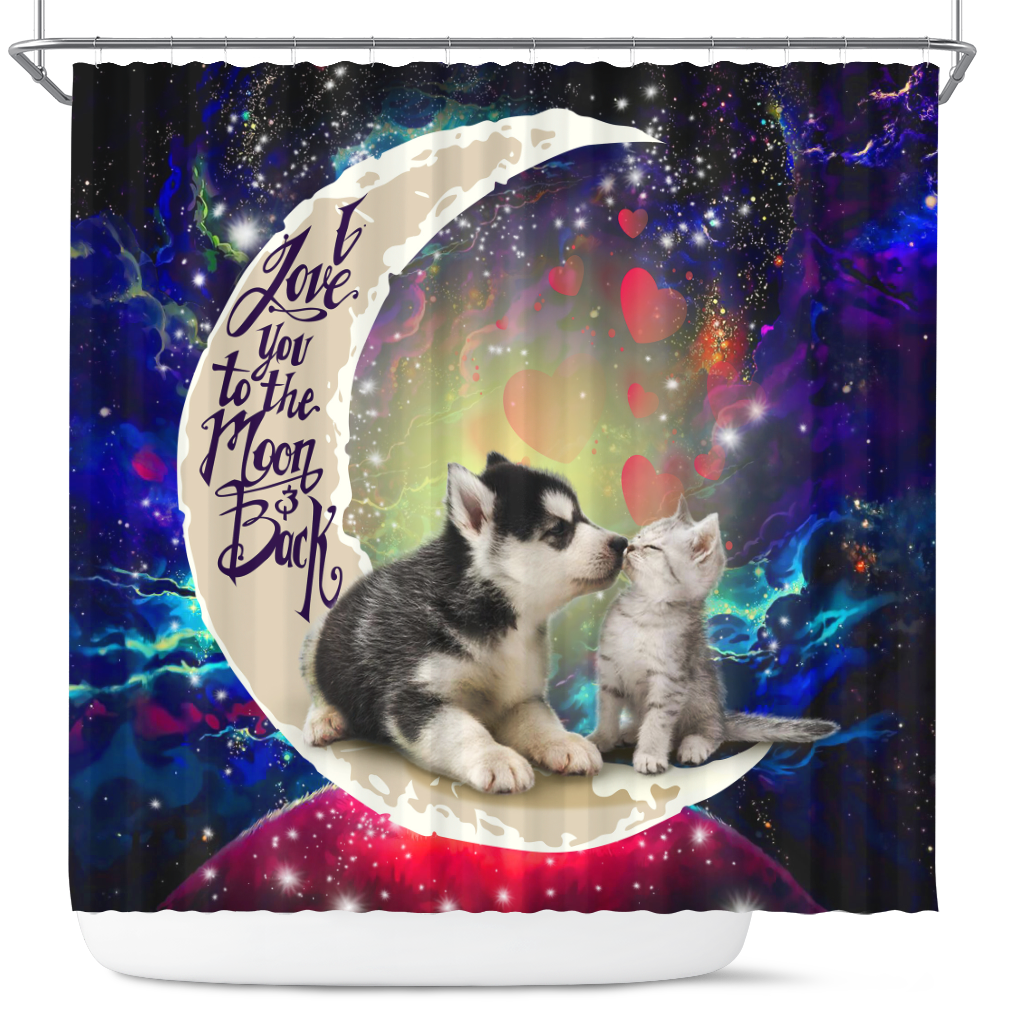 Cute Couple Husky And Cat Love You To The Moon Galaxy Shower Curtain Nearkii