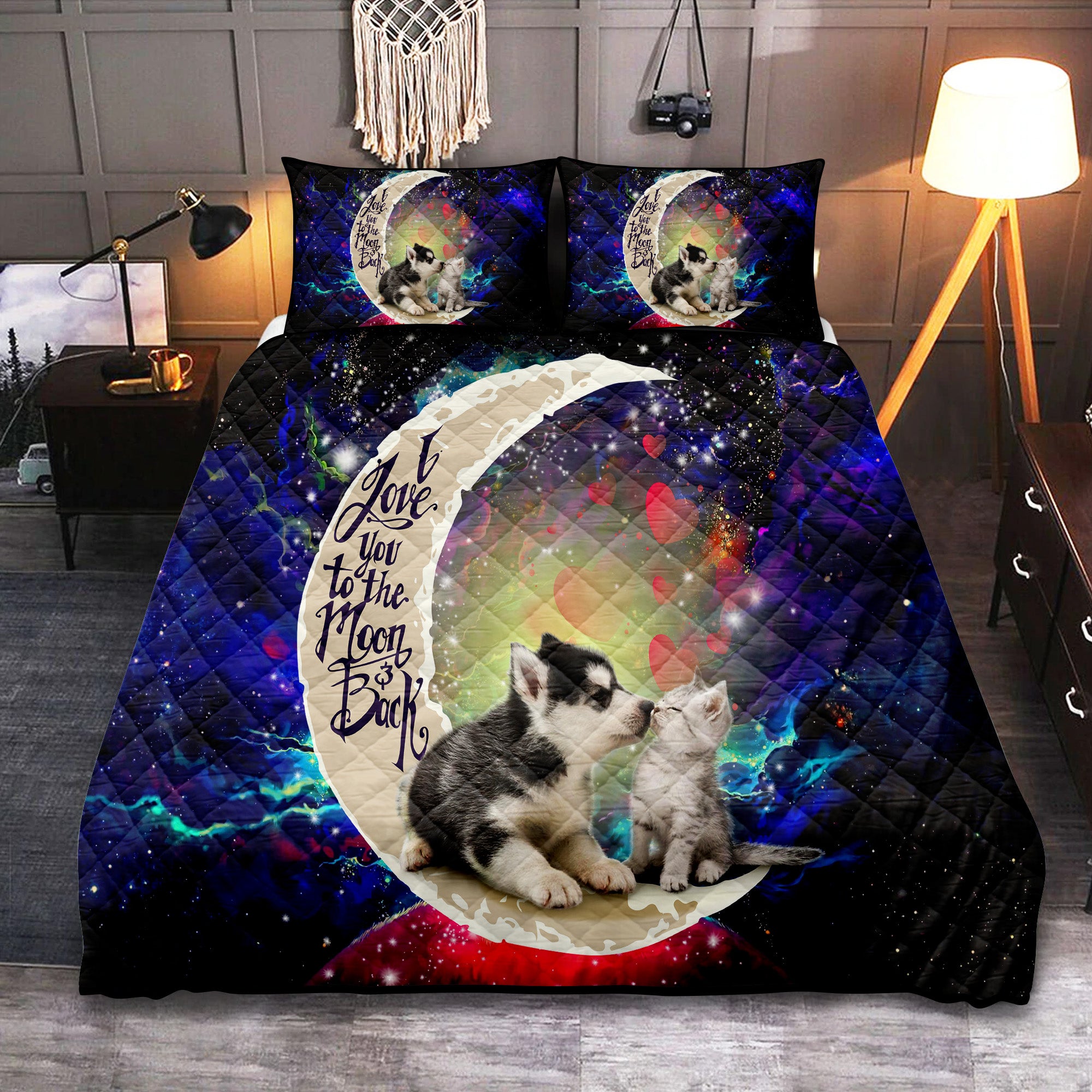 Cute Couple Husky And Cat Love You To The Moon Galaxy Quilt Bed Sets Nearkii