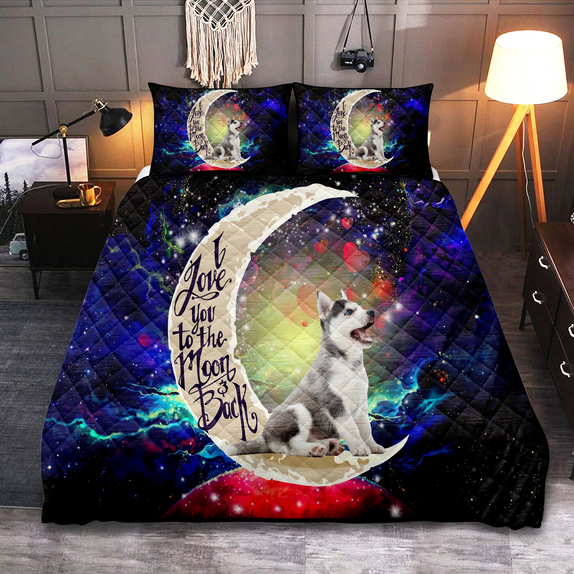 Cute Husky Love You To The Moon Galaxy Quilt Bed Sets Nearkii