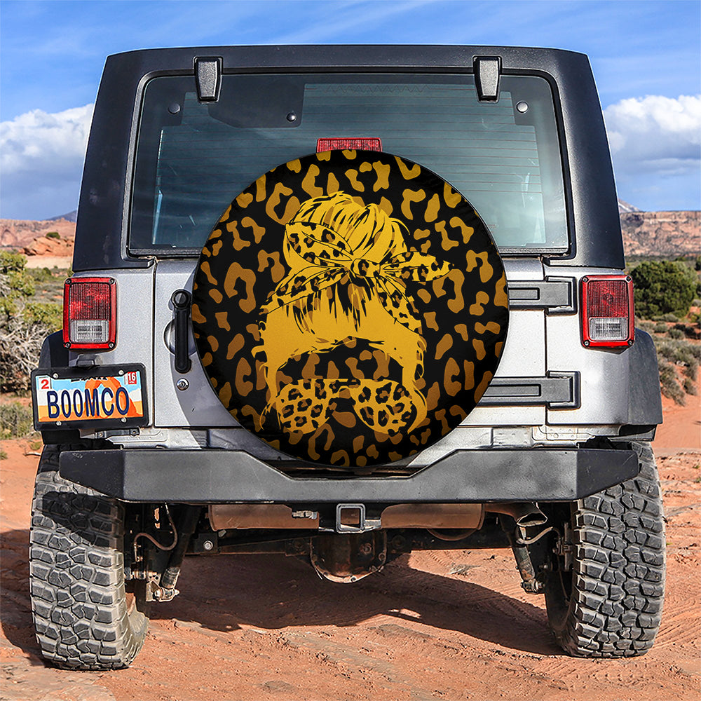 Yellow Jeep Girl With Sunglasses Leopard Pattern Car Spare Tire Covers Gift For Campers Nearkii