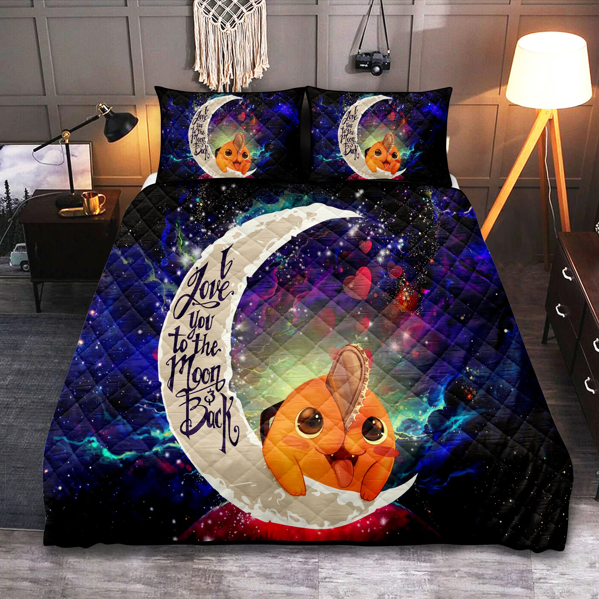 Pochita Chainsaw Man Anime Love You To The Moon Galaxy Quilt Bed Sets Nearkii