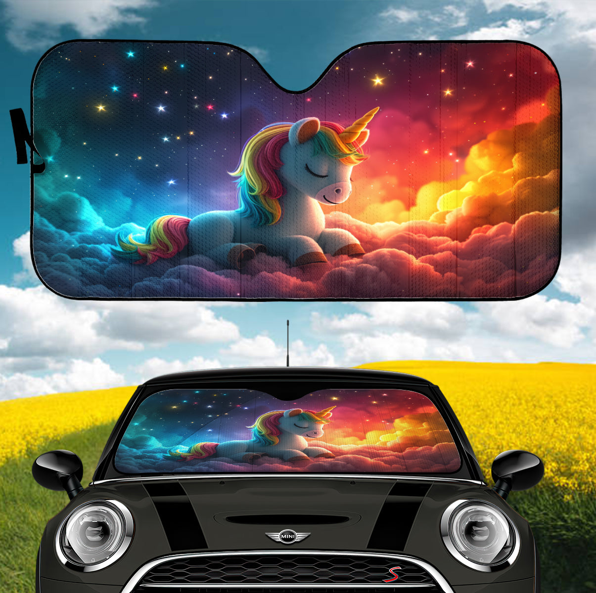 Cartoon Unicorn Sitting On A Cloud With Sparkling Star Car Auto Sunshades